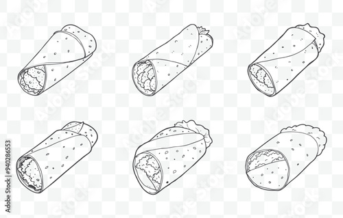 Print Paneer Roll Art Vector Set Premium Collection of Artistic Line Drawings and Illustrations of Delicious Paneer Rolls