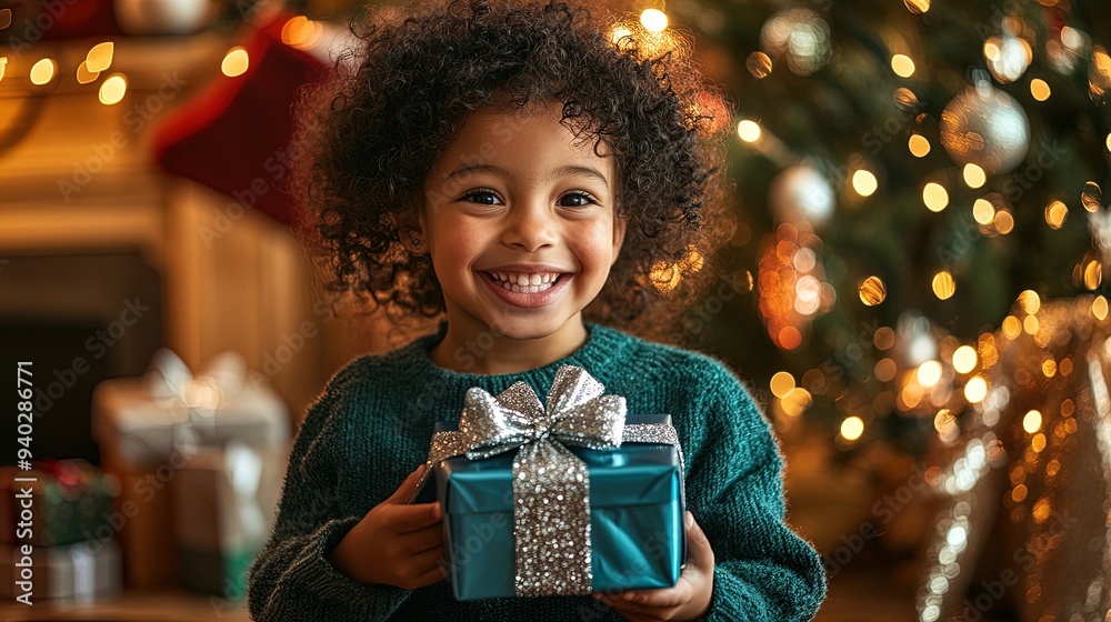 Celebrate the Joy of the Holidays: Cheerful Child in Festive Sweater with Gift Box - Perfect Poster for Holiday Decor or Children's Room! Celebrate the Joy of the Holidays: Cheerful Child in Festive Sweater with Gift Box - Perfect Poster for Holiday Decor or Children's Room!