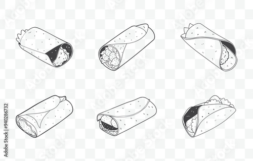Print Paneer Roll Art Vector Set Premium Collection of Artistic Line Drawings and Illustrations of Delicious Paneer Rolls