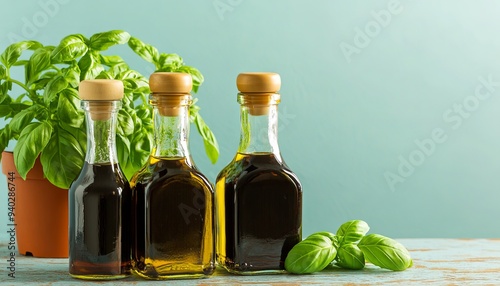 Three glass bottles with wooden caps filled with olive oil and balsamic vinegar, surrounded by fresh basil leaves.