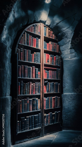 Antique wooden door with a book engraving opens to a dimly lit corridor filled with bookshelves and candles. Concept of mystery and knowledge. photo