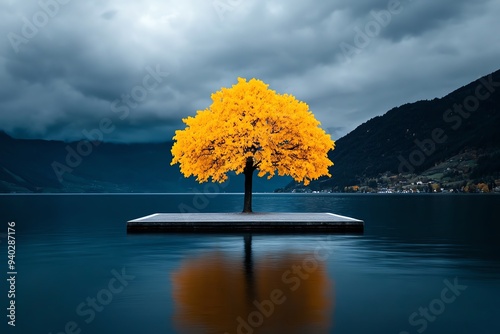 A sad willow tree in a minimalist style, with only the essential elements depicted, evoking a sense of peaceful solitude photo