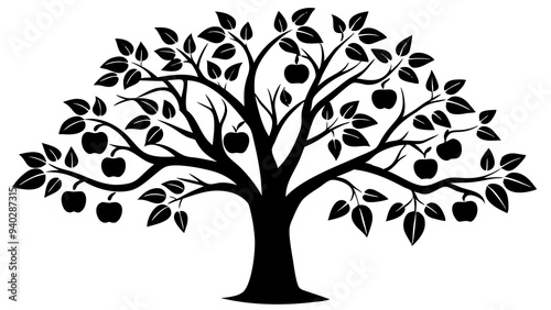 Detailed Apple Tree with Fruit: Classic Black and White Illustration for Prints