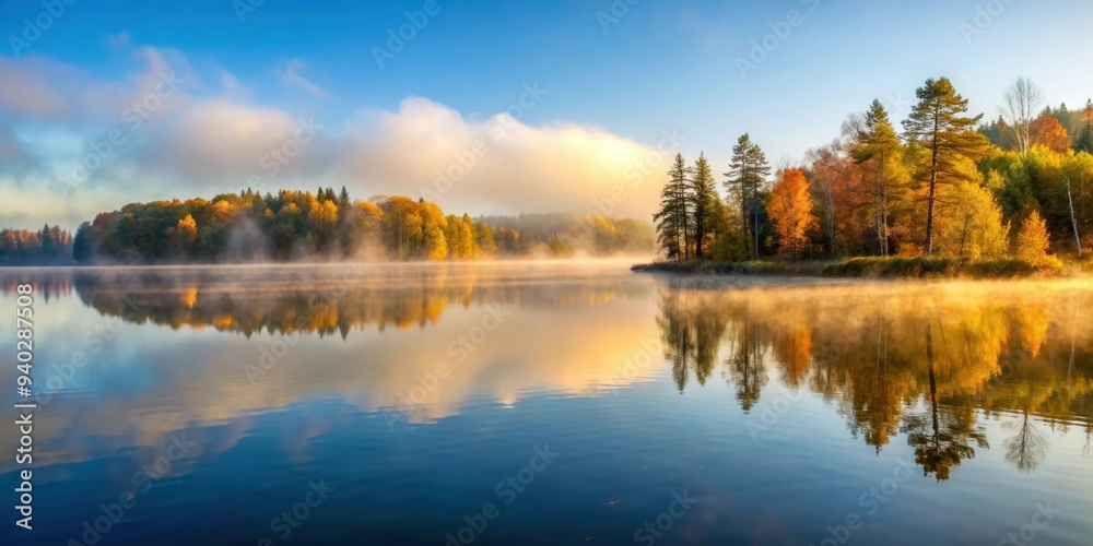 Fototapeta premium Early autumn morning with rising water fog over calm lake, autumn, morning, water, fog, mist, lake, peaceful, tranquility, nature