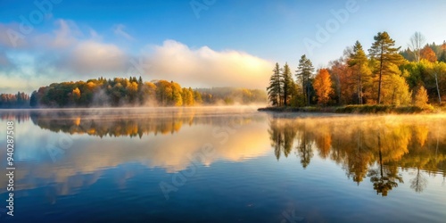 Early autumn morning with rising water fog over calm lake, autumn, morning, water, fog, mist, lake, peaceful, tranquility, nature