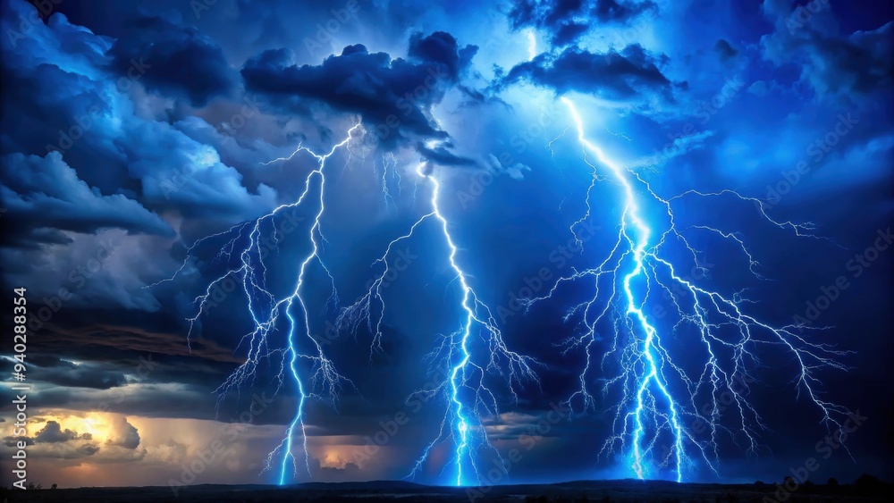 Brilliant blue lightning illuminating stormy night sky , lightning ...