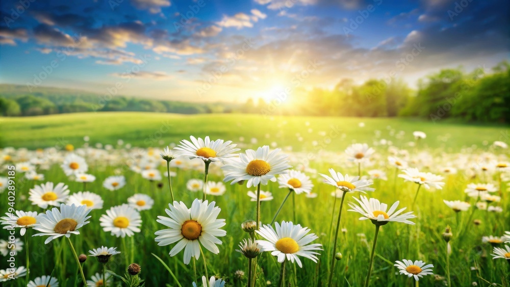 Beautiful spring scene with a field of daisies in the grassy countryside, Spring, summer, flowers, daisies, field, grass Beautiful spring scene with a field of daisies in the grassy countryside, Spring, summer, flowers, daisies, field, grass