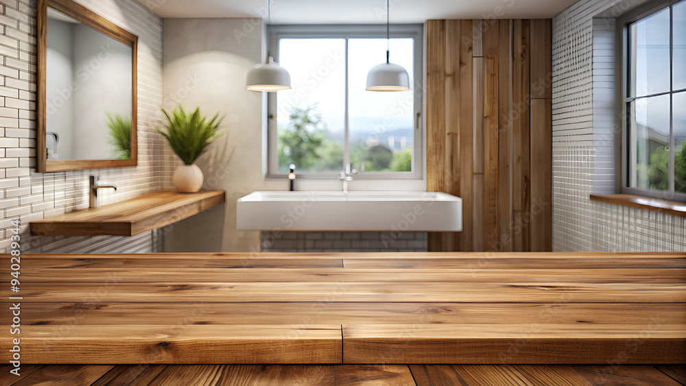 Empty wooden table top on blurred bathroom interior background Empty wooden table top on blurred bathroom interior background