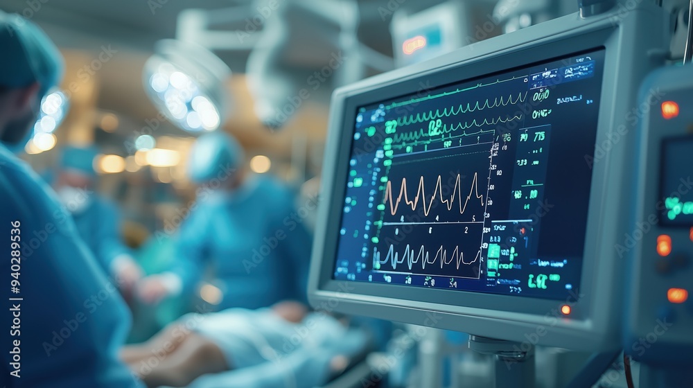 Close-Up of Vital Signs Monitor in Surgery Room. Vital signs monitor displaying heart rate and other indicators in a surgery room with blurred surgical staff in the background. Close-Up of Vital Signs Monitor in Surgery Room. Vital signs monitor displaying heart rate and other indicators in a surgery room with blurred surgical staff in the background.
