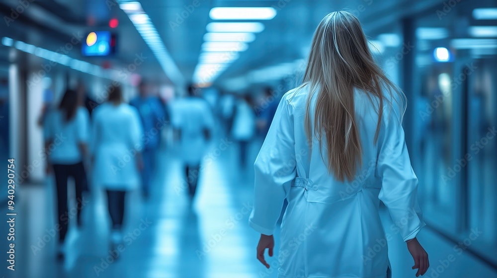 Healthcare Workers Walking in Hospital Hallway. Medical professionals in white coats walking in a hospital hallway, emphasizing the routine and teamwork involved in patient care. Healthcare Workers Walking in Hospital Hallway. Medical professionals in white coats walking in a hospital hallway, emphasizing the routine and teamwork involved in patient care.