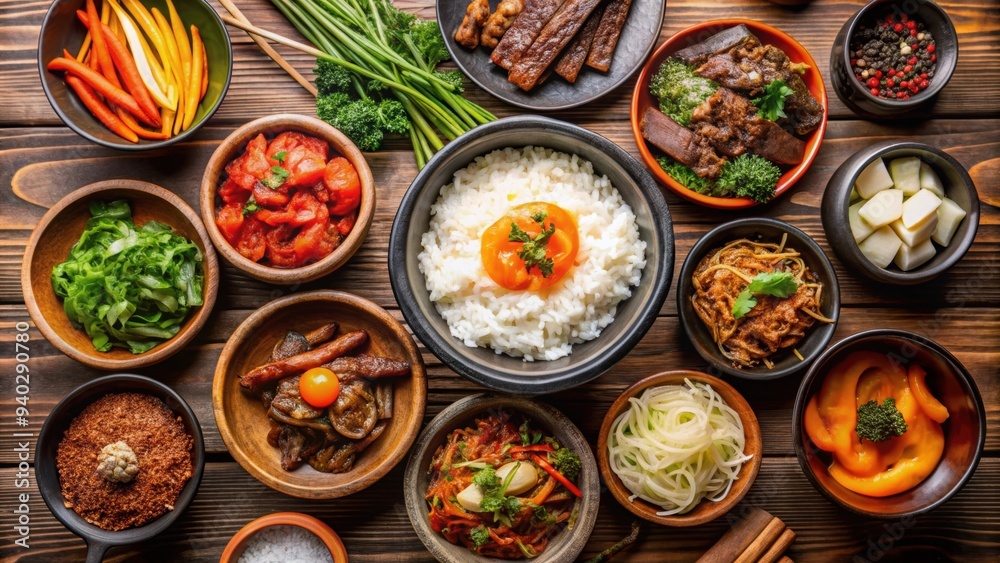 A traditional Korean meal featuring various dishes such as kimchi, bulgogi, bibimbap, and japchae , Korean, food, cuisine A traditional Korean meal featuring various dishes such as kimchi, bulgogi, bibimbap, and japchae , Korean, food, cuisine