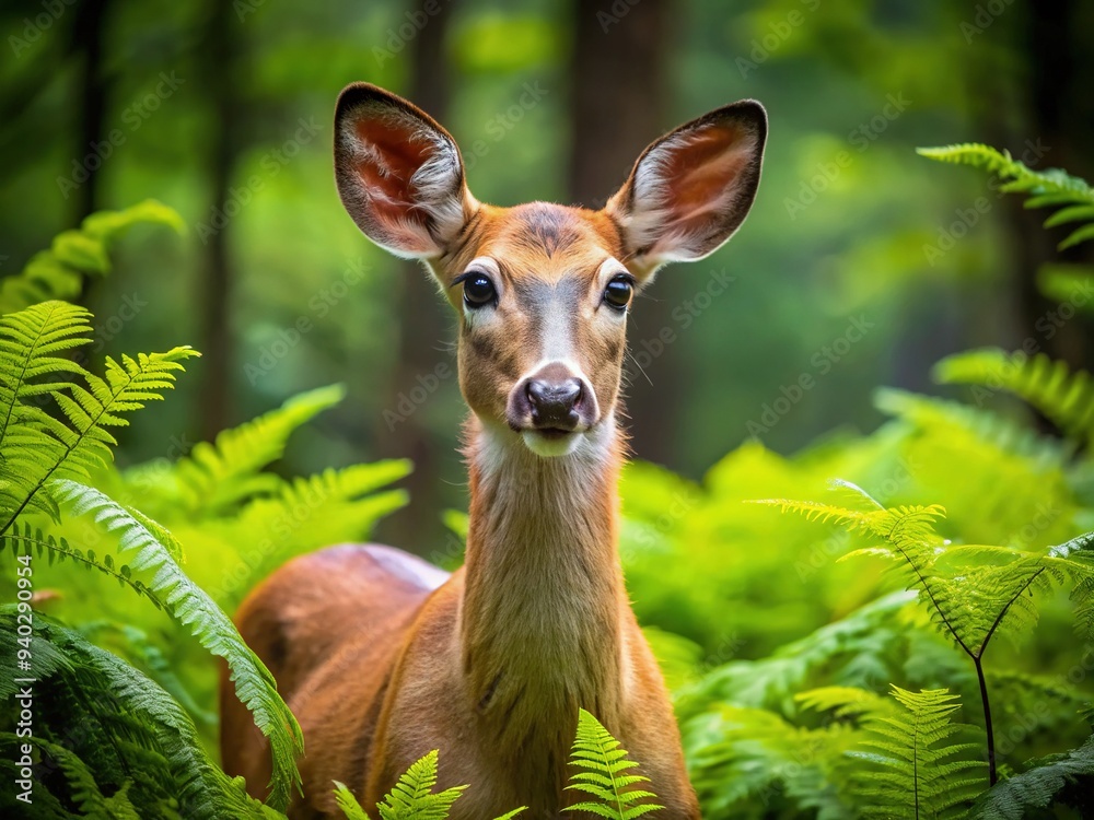 A serene white-tailed doe deer stands amidst a lush green forest, its large brown eyes calm, surrounded by vibrant ferns and morning dew-kissed foliage.