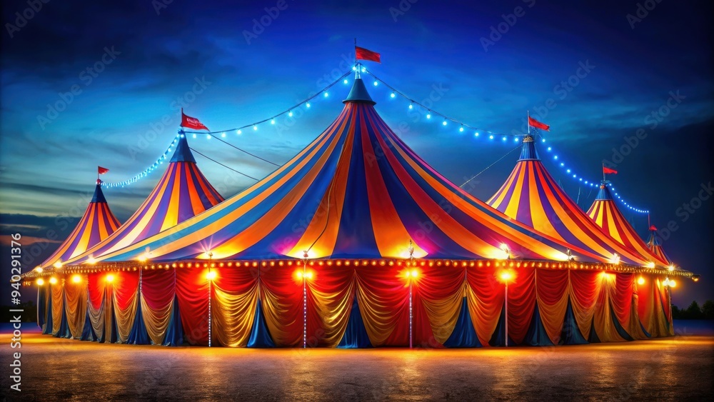 Obraz premium Vibrant circus tent illuminated at night , circus, night, colorful, lights, entertainment, performance, big top, striped