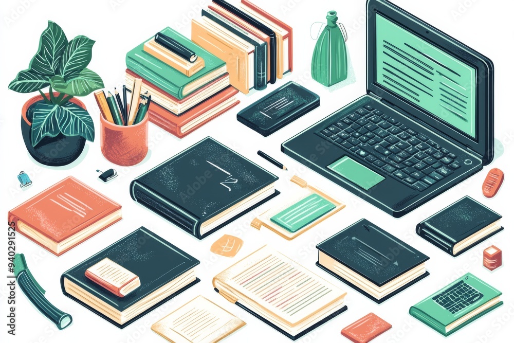 Illustration of educational learning tools set on table created with Generative AI Illustration of educational learning tools set on table created with Generative AI
