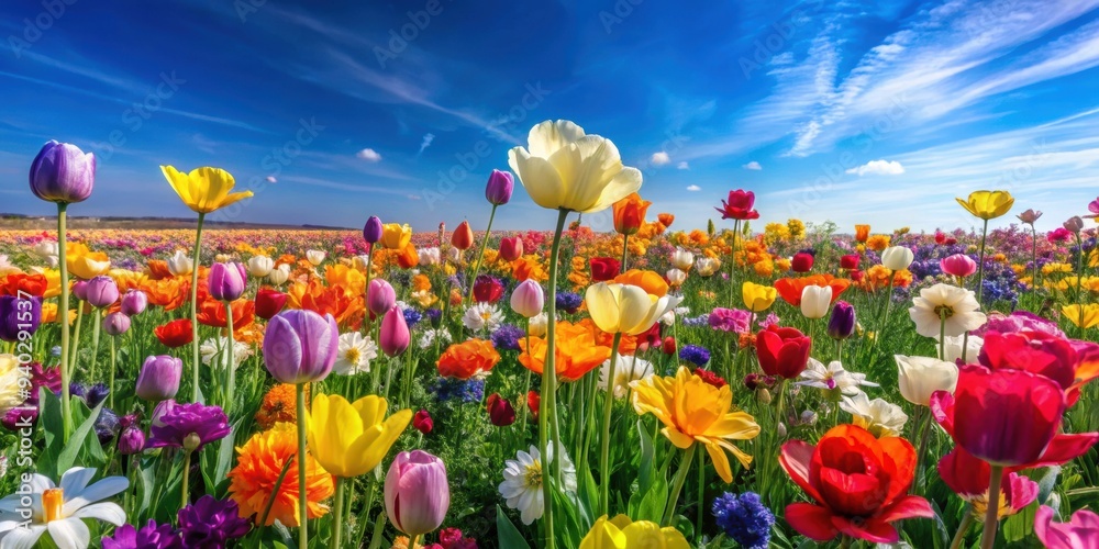 Fototapeta premium Vibrant image of a field of colorful spring flowers under a clear blue sky , Radiant, Resurgence, Symphony, Springtime