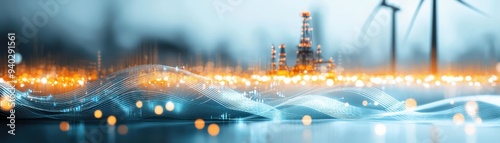 A captivating blend of energy, motion, and technology showcasing wind turbines and an oil refinery shimmering in the background.