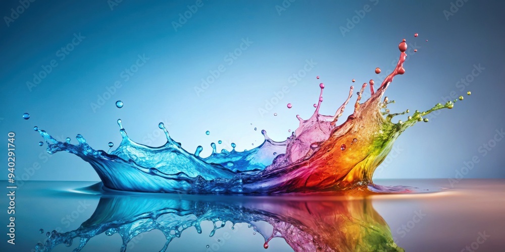Colorful water splash on light blue background, rendering, water, splash, colorful, light blue, background, texture, abstract Colorful water splash on light blue background, rendering, water, splash, colorful, light blue, background, texture, abstract