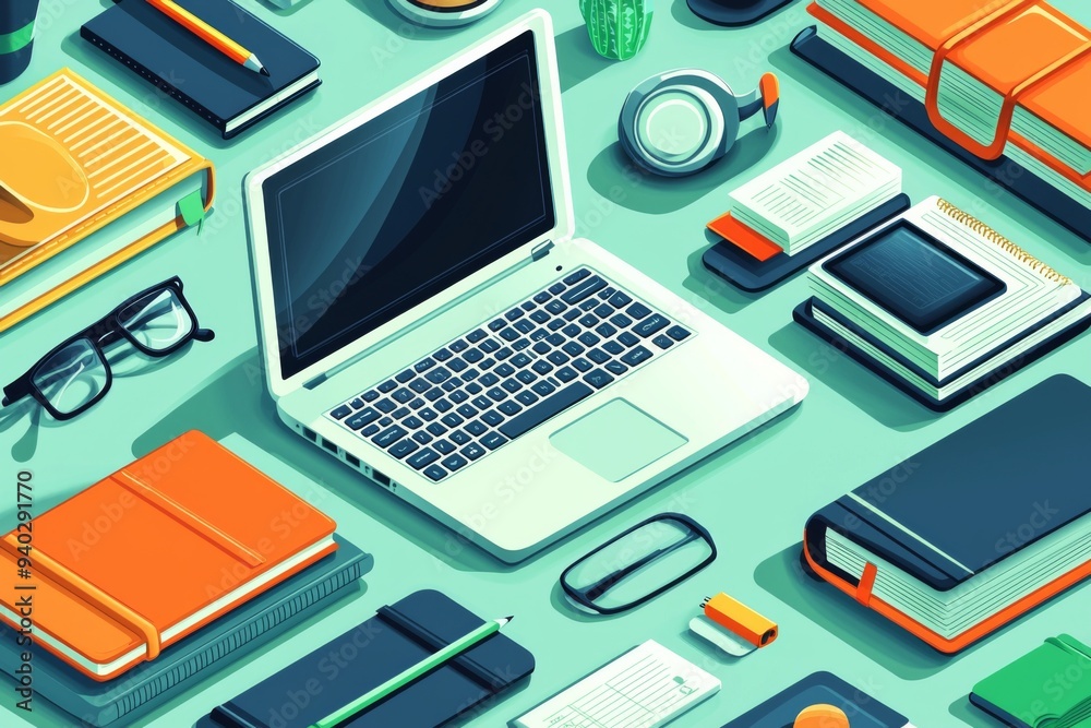 Illustration of educational learning tools set on table created with Generative AI Illustration of educational learning tools set on table created with Generative AI