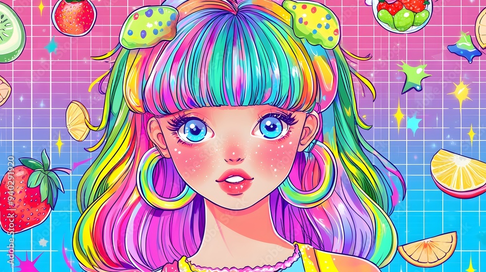Colorful Anime Girl with Fruit and Stars. Colorful Anime Girl with Fruit and Stars.