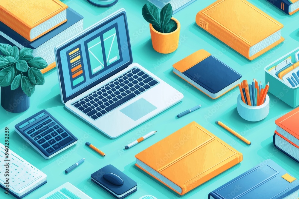 Illustration of educational learning tools set on table created with Generative AI Illustration of educational learning tools set on table created with Generative AI