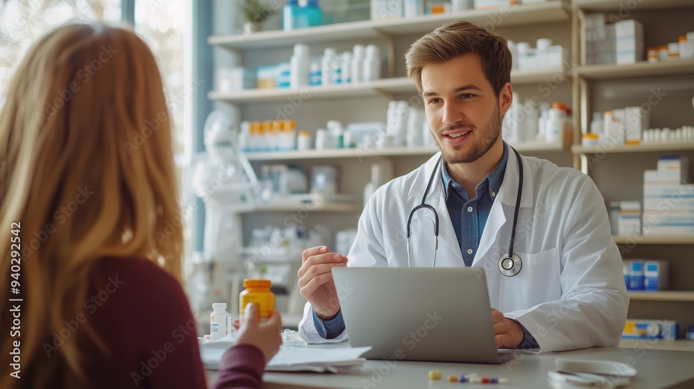 Male doctor explains the use of prescription medication to a patient in a pharmacy setting, emphasizing personalized healthcare and patient support. Male doctor explains the use of prescription medication to a patient in a pharmacy setting, emphasizing personalized healthcare and patient support.