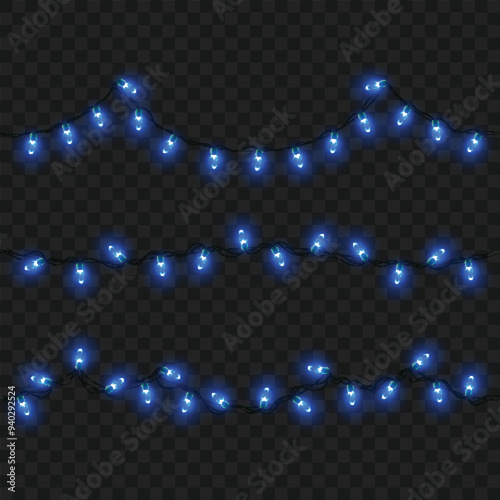 Blue string lights on dark background, creating a festive mood. Vector