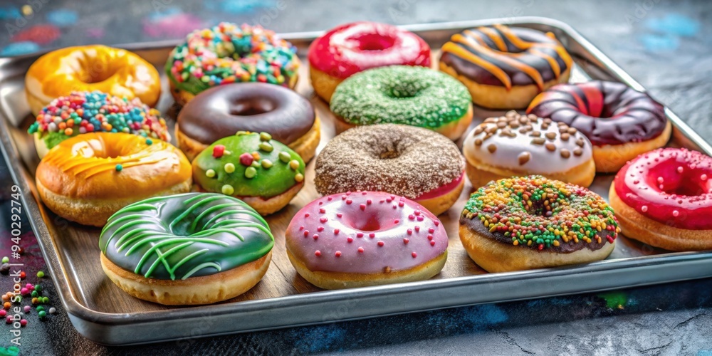 Colorful donuts with various toppings on a tray, sweet, dessert, bakery, tasty, sprinkles, frosting, glazed, delicious Colorful donuts with various toppings on a tray, sweet, dessert, bakery, tasty, sprinkles, frosting, glazed, delicious