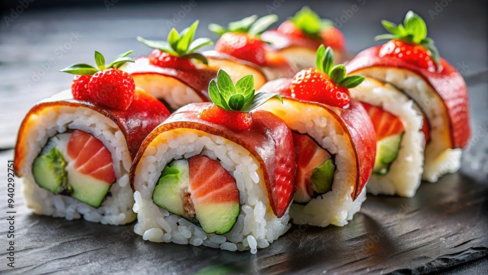 Sushi roll topped with fresh strawberries, a fusion of Japanese and fruity flavors, sushi, roll, strawberries, fusion, Japanese