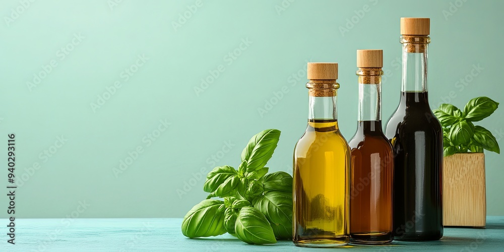 Three glass bottles of oil and vinegar with basil on a turquoise wooden table against a light green background. Three glass bottles of oil and vinegar with basil on a turquoise wooden table against a light green background.