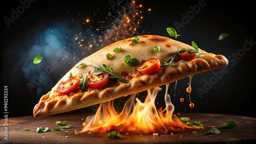 Flying calzone with melted cheese and toppings, flying, calzone, food, Italian, cuisine, delicious, cheese, toppings, tomato, basil photo