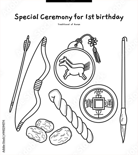 It is a traditional Korean culture. It is an old-fashioned tool to predict the future on a child's first birthday. They are bows and arrows, coins, threads, jujube, and japae. Translation: coins