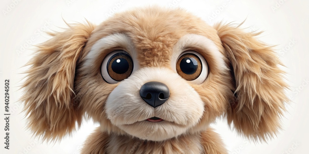 Obraz premium Cartoonic toy dog with a fluffy fur coat and big friendly eyes, cartoon, toy, dog, fluffy, fur, coat, big eyes, friendly, cute