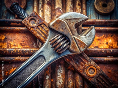 A shiny silver wrench tightly grips a rusted bolt on a vintage mechanical device, conveying a sense of repair, maintenance, and stability in a worn industrial setting. photo