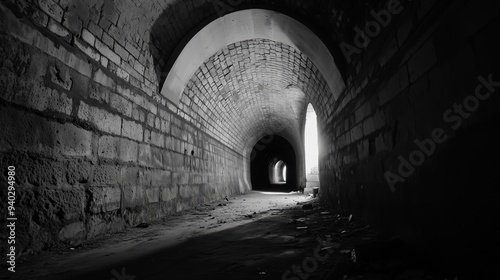 A haunting black-and-white photo of a dark tunnel evokes curiosity and trepidation toward a distant light.