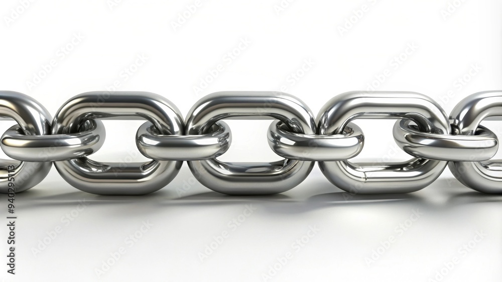 Obraz premium Toothed chain with silver metallic links on a white background, industrial, mechanism, gear, macro, close-up