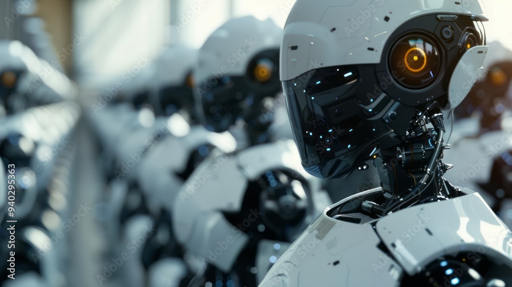 Fototapeta premium Futuristic cinematic ai robot workforce in a high-tech environment - digital illustration of advanced robotics operating in a modern industrial setting, perfect for technology, automation, and artific
