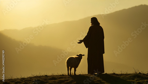 Shepherd Jesus Christ Taking Care of Missing Lamb. Warm Toned Soft Picture photo