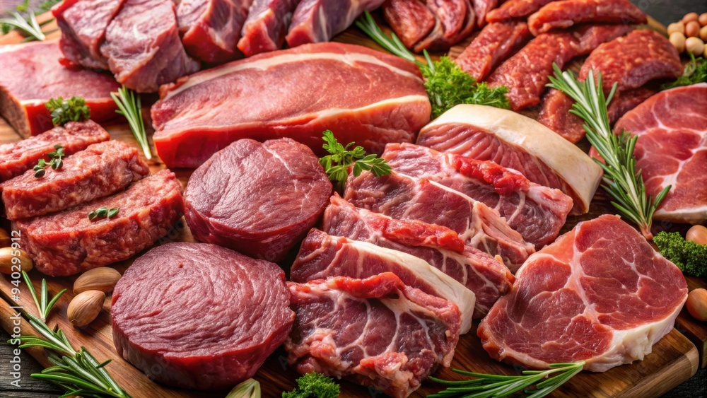 A close-up shot of a raw meat mix with various cuts of beef and pork, raw, meat, mix, ingredient, beef, pork, uncooked