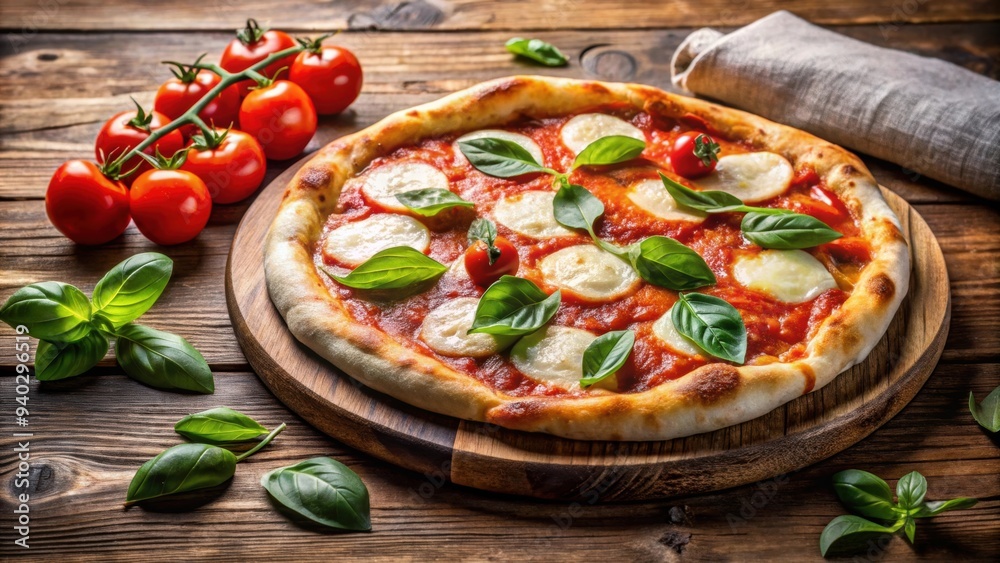 Authentic Italian pizza margherita with fresh basil on old rustic wooden table in restaurant setting, Italian Authentic Italian pizza margherita with fresh basil on old rustic wooden table in restaurant setting, Italian