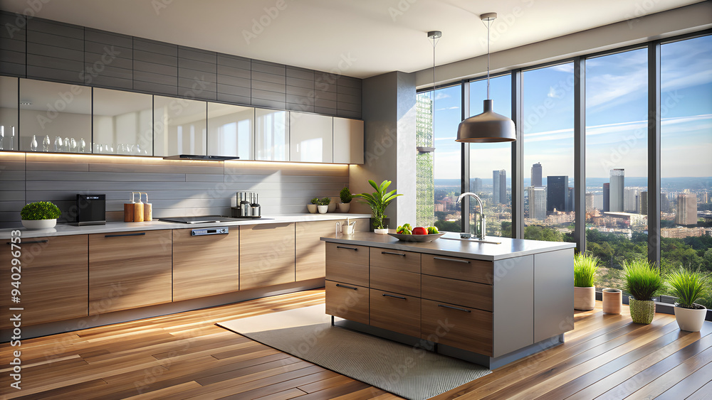 Fototapeta premium Modern minimal kitchen room interior with cabinets, City view window