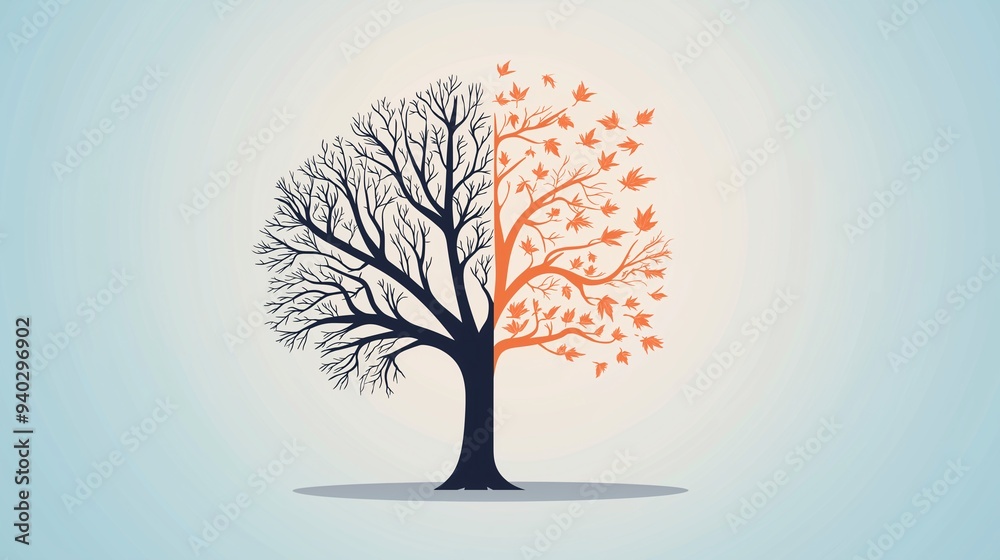 The Tree of Change: A minimalist silhouette of a tree with half its branches bare and the other half bursting with fall foliage, symbolizing transformation and the cycle of life. The Tree of Change: A minimalist silhouette of a tree with half its branches bare and the other half bursting with fall foliage, symbolizing transformation and the cycle of life.