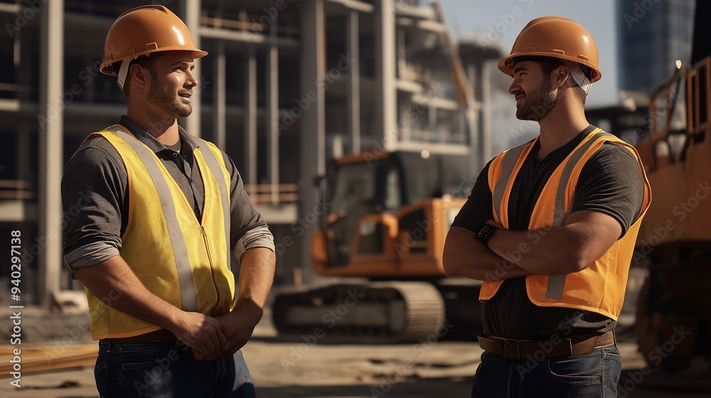 Building the Future: Two confident construction workers discuss plans at a bustling job site, showcasing teamwork and expertise in a sunlit urban environment. Building the Future: Two confident construction workers discuss plans at a bustling job site, showcasing teamwork and expertise in a sunlit urban environment.