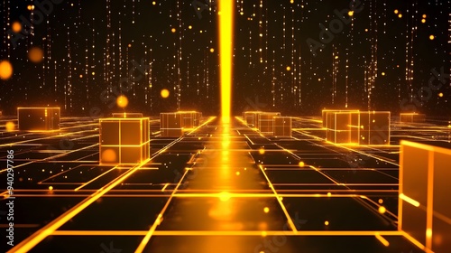 Sci-Fi Digital Road with Glowing Cubes Under Yellow Laser Beam, Futuristic Scene photo