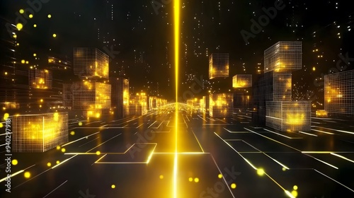 Sci-Fi Digital Road with Glowing Cubes Under Yellow Laser Beam, Futuristic Scene photo