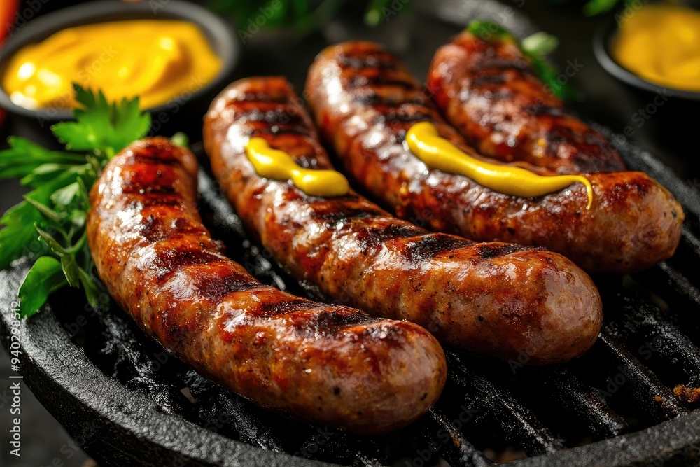 Grilled Sausages with Mustard on a Black Grill Grilled Sausages with Mustard on a Black Grill