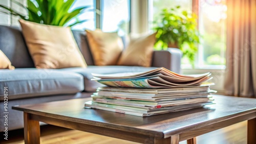 Selective focus on stack of magazines placed on table in living room , magazines, stack, table, living room photo