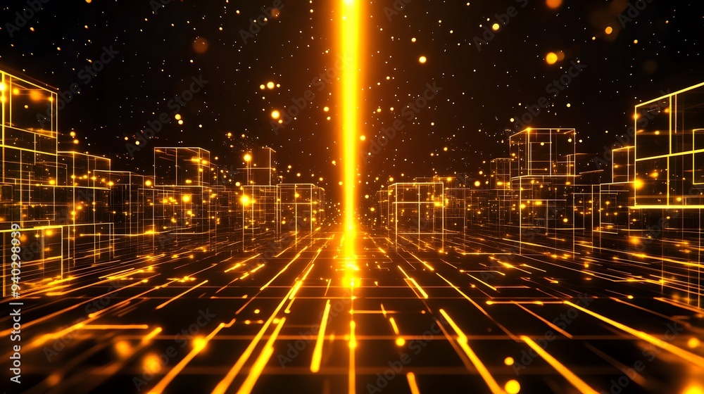 Fototapeta premium Futuristic Sci-Fi Digital Road with Glowing Cubes, Yellow Laser Beam on Dark Background
