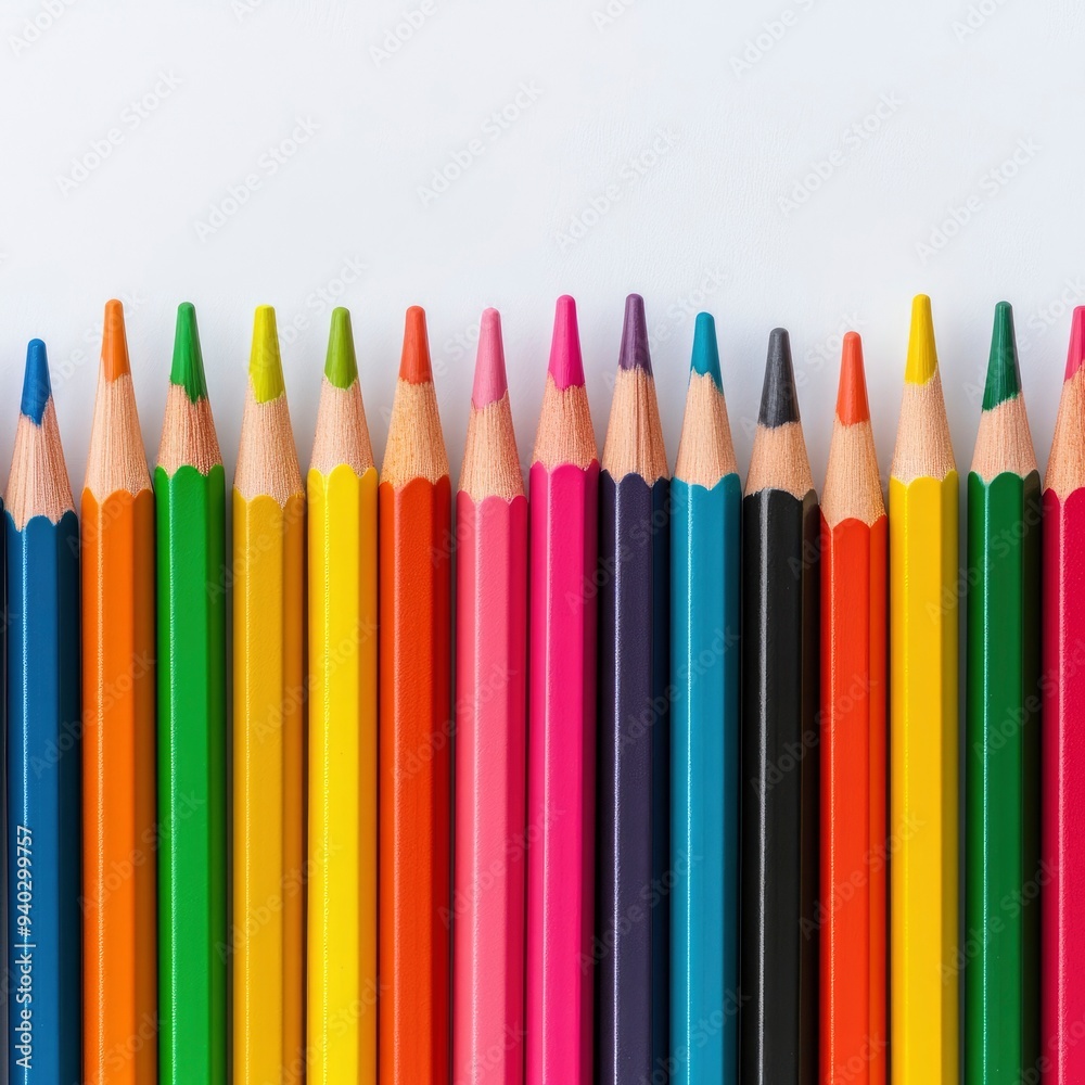 Row of Colorful Pencils on White Background Row of Colorful Pencils on White Background