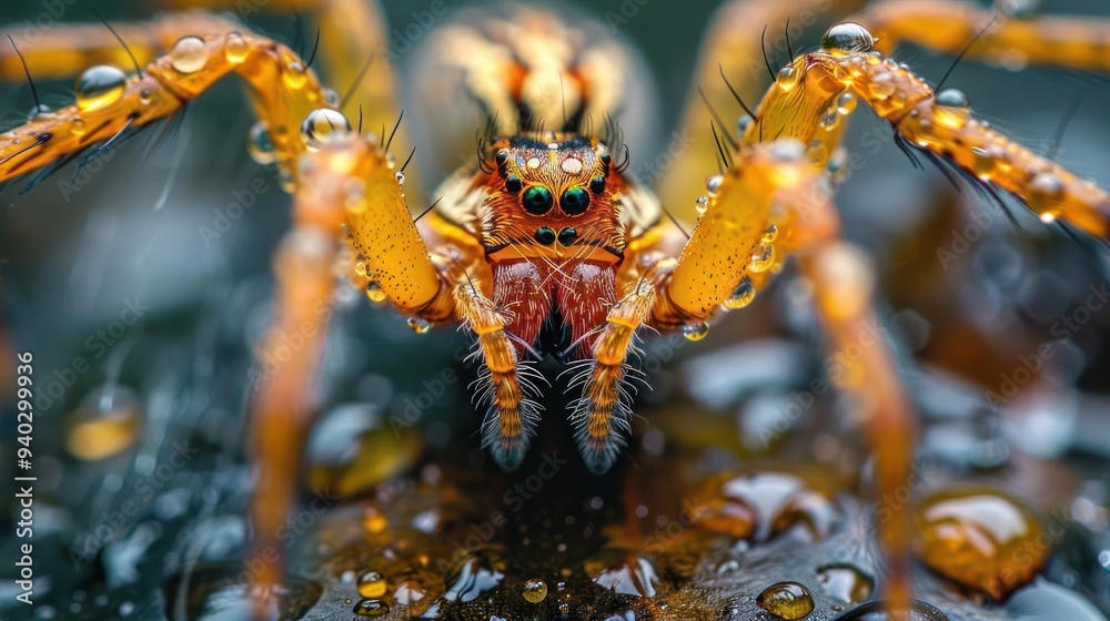 Fototapeta premium Close-up portrait of a male orange and black striped spider's face, showing its eyes, mandibles,
