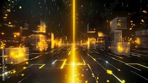 Yellow Laser Beam Illuminates Abstract Digital Road with Glowing Cubes on Black Background, Futuristic Sci-Fi Scene photo